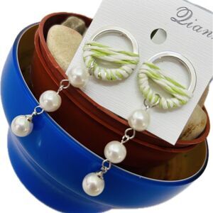 Chic & Colorful Cute Silver & Lime Green Faux Pearl Dangle Drop Fashion Earrings